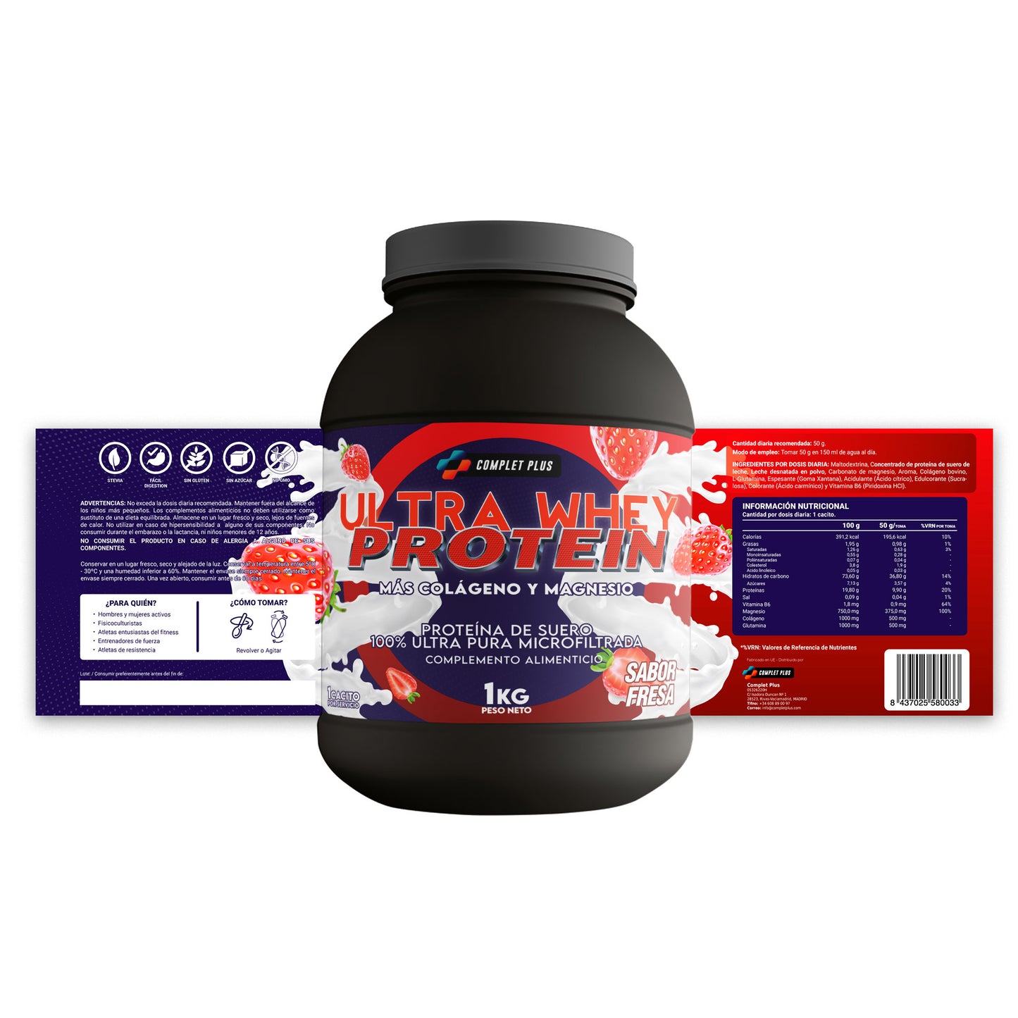 Recuperador Proteico - Ultra Whey Protein con Colageno y Magnesio Sabor Fresa